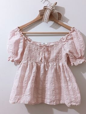 Shop Hope's Mine Pink Plaid Smock Tie Front Off The Shoulder Puff Sleeve Top